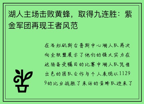 湖人主场击败黄蜂，取得九连胜：紫金军团再现王者风范