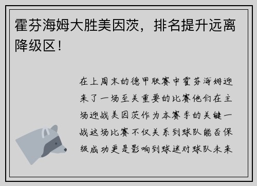 霍芬海姆大胜美因茨，排名提升远离降级区！