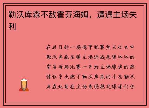 勒沃库森不敌霍芬海姆，遭遇主场失利